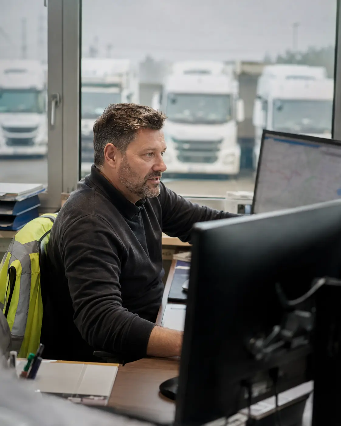 Fuhrparkleiter koordiniert Touren im Büro vor dem LKW-Fuhrpark
